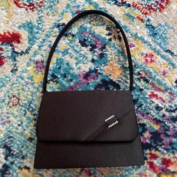 Y2K New Mini Bag Black Satin with Faux Diamond Detail NWOT - Picture 1 of 12